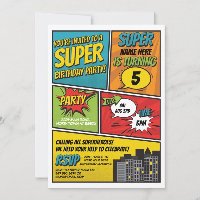 Boy's Superhero Invitation Party Blue Red Comic (Front)