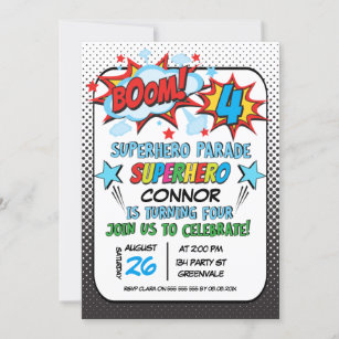 Boys Superhero  Parade 4th Birthday Invitation