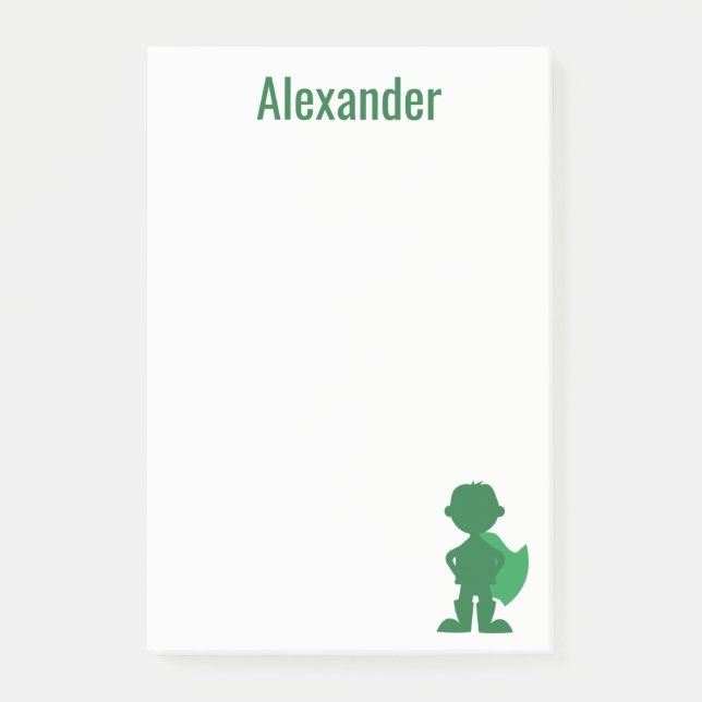Boys Superhero Personalised Green Silhouette Post-it Notes (Front)