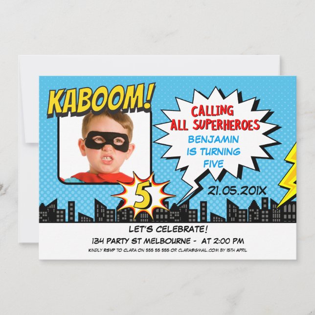 Boys Superhero Photo 5th Birthday Invitation (Front)