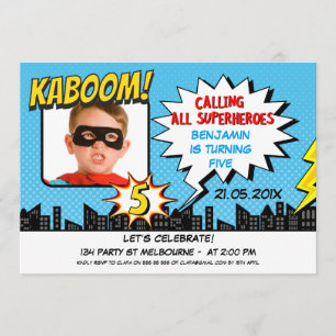Boys Superhero Photo 5th Birthday Invitation