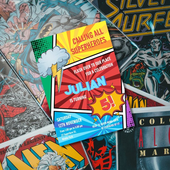 Boys Superhero Turning 5th Comic Birthday Invitation (Creator Uploaded)