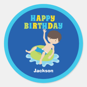 Boys Swimming Pool Party Kids Blue Birthday Classic Round Sticker