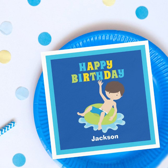 Boys Swimming Pool Party Kids Blue Birthday Napkin (Creator Uploaded)