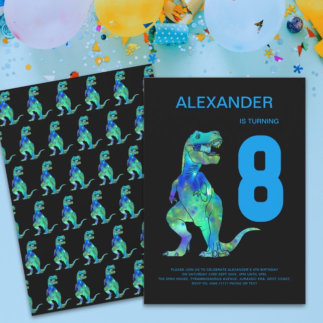 Boys T-Rex Dino 8th Birthday Party Invitation (T-Rex dino boys 8th birthday party invitation colorful dinosaur blue modern  )