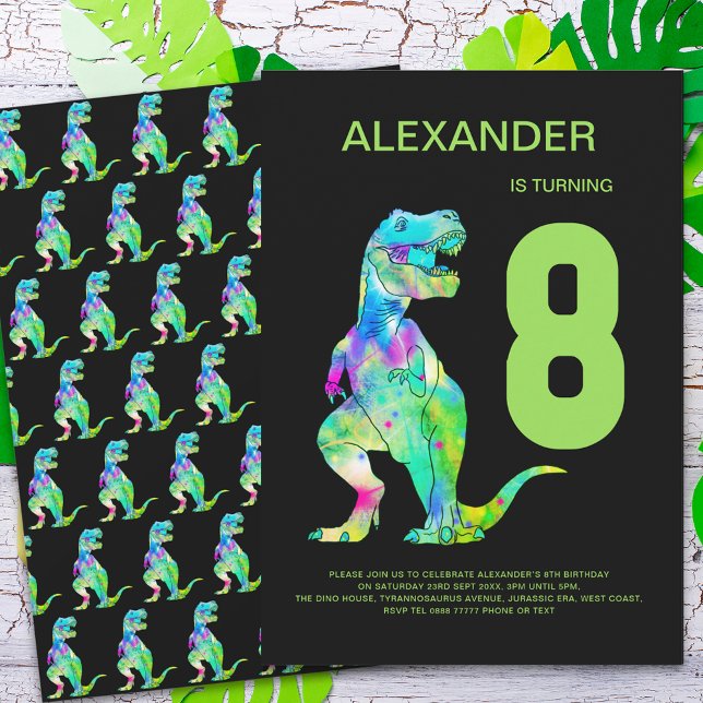 Boys T-Rex Dino 8th Birthday Party Invitation (Dinosaur T-Rex boys 8th birthday party green blue black )