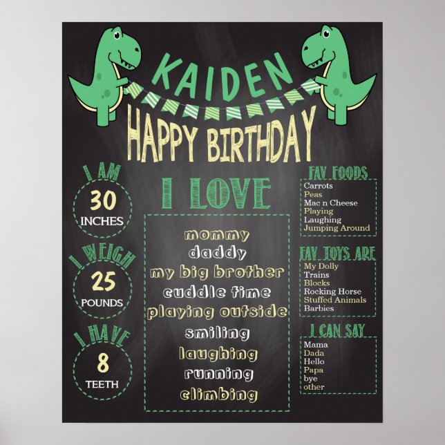 Boys T-Rex Dinosaur 16x20 Template 1st Birthday Poster (Front)
