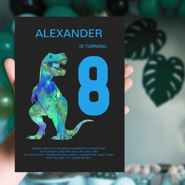 Boys T-Rex Dinosaur 8th Birthday Party Blue Invitation (T-Rex dino boys 8th birthday party invitation with colorful watercolor dinosaur blue typography )