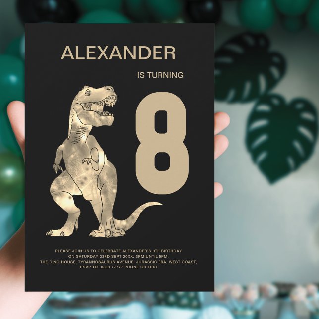 Boys T-Rex Dinosaur 8th Birthday Party Invitation (Dinosaur T-Rex boys 8th birthday party invitation bold simple black and brown design)