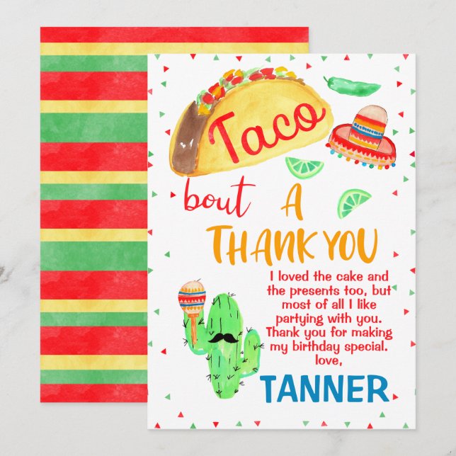 Boys Taco Fiesta Themed Birthday Thank You Card (Front/Back)