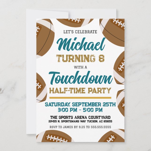 Boys Teal and Gold Football Team Birthday Party Invitation (Front)