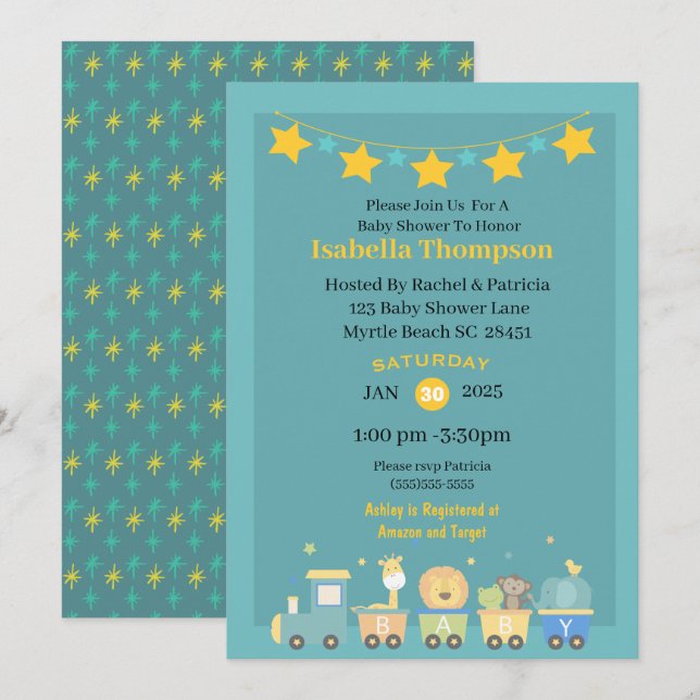 Boys Teal and Yellow Safari Train Baby Shower   Invitation (Front/Back)