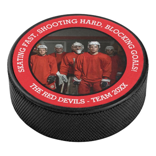 Boys team photo and slogan red black white hockey puck (3/4)