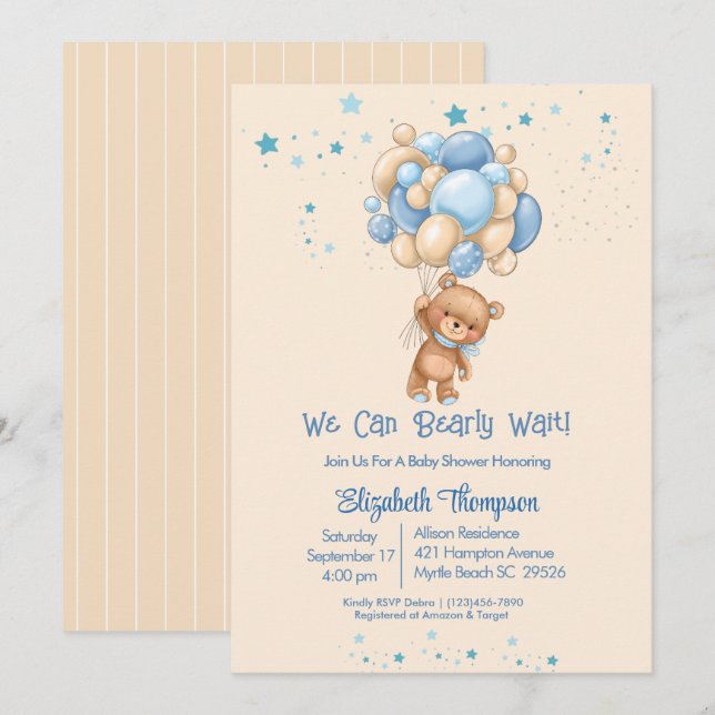 Boys Teddy Bear Balloons Bearly Wait Baby Shower  Invitation (Front/Back)