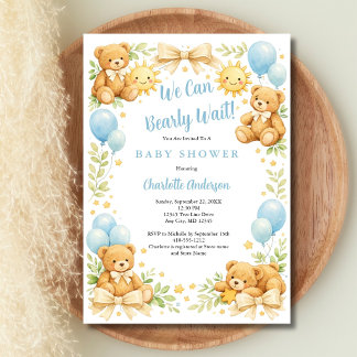 Boys Teddy Bear We Can Bearly Wait Baby Shower Invitation