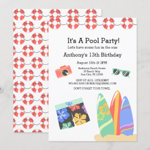 Boys Teen Pool Party Birthday Invitation