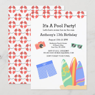 Boys Teen Pool Party Birthday Invitation