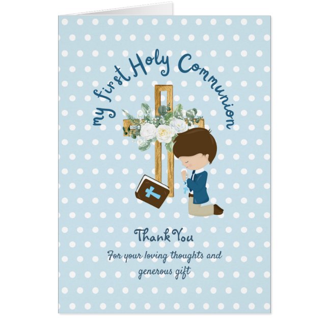 BOY'S Thank You Holy Communion Card - Brown Hair (Front)
