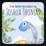 Boys This Book Belongs Blue Dinosaur and Name Kids Square Sticker<br><div class="desc">This beautiful boy's 'this book belongs' bookplate design features a cute blue dinosaur in watercolor,  and has place for you to add your kids name in lovely typography. Perfect for your child's back to school supplies. Check out the rest of our collection for other cute kids items.</div>