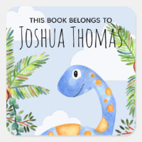 Boys This Book Belongs Blue Dinosaur and Name Kids