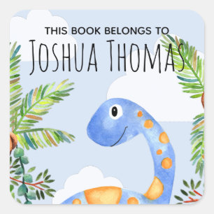 Boys This Book Belongs Blue Dinosaur and Name Kids Square Sticker
