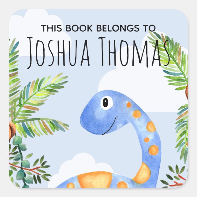 Boys This Book Belongs Blue Dinosaur and Name Kids Square Sticker (Front)