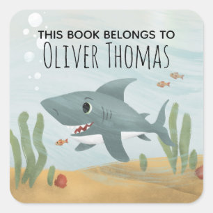 Boys "This Book Belongs" Blue Shark Kids Bookplate Square Sticker