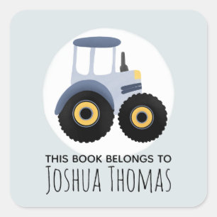 Boys This Book Belongs Blue Tractor Kids Bookplate Square Sticker