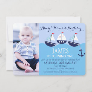 Boy's Three Boats Nautical 1st Birthday Party Invitation