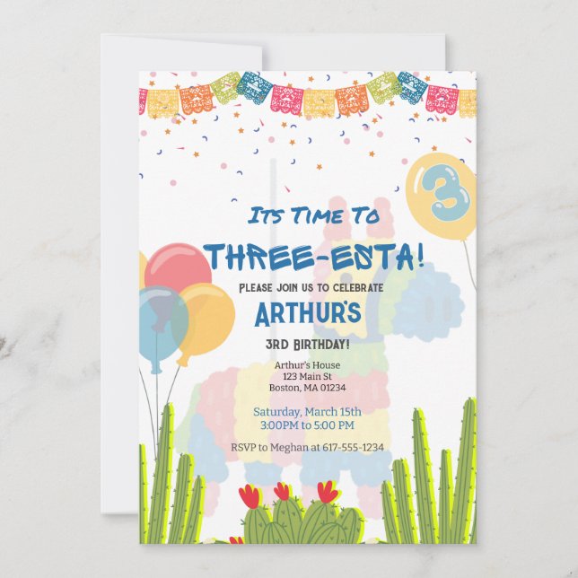 Boys Three-Esta Fiesta Birthday Invitation (Front)