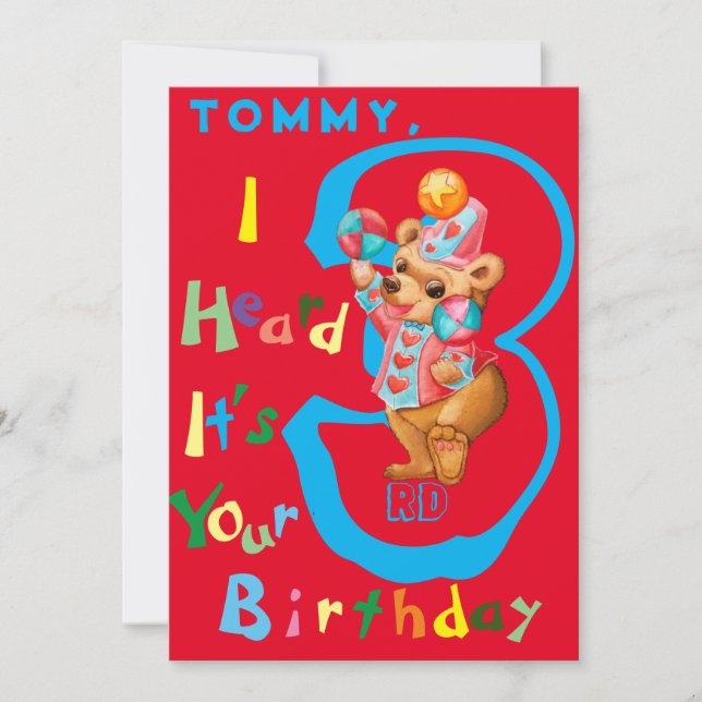Boys Three Year Old Personalised Birthday Card. Thank You Card (Front)