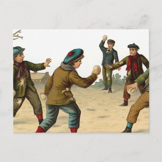 "Boys Throwing Snowballs" Vintage Christmas Holiday Postcard (Front)