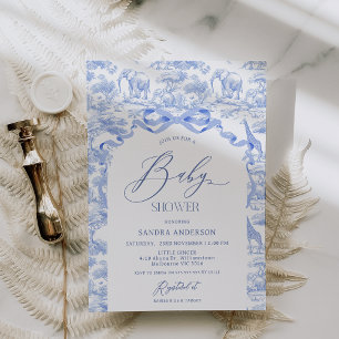 Boys Toile De Jouy Blue Baby Shower Invitation