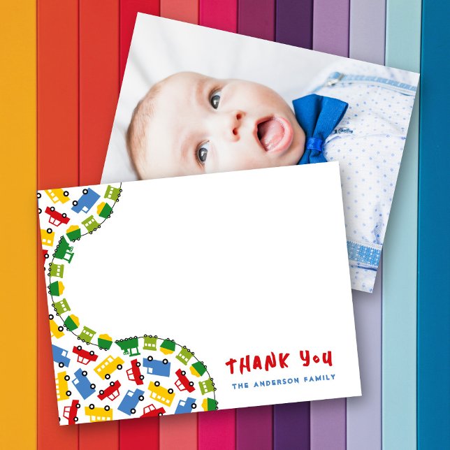 Boy's Toys Colourful Car Bus Truck & Train Baby Bo Thank You Card (Boy's Toys Colorful TRnsport Car Bus Truck & Train Baby Boy Photo Thank You Card @ fatfatin_mini_me)
