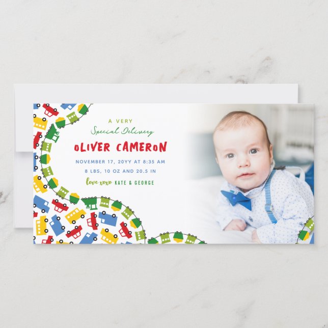 Boys Toys Colourful Transport Baby Boy Photo Birth Announcement (Front)