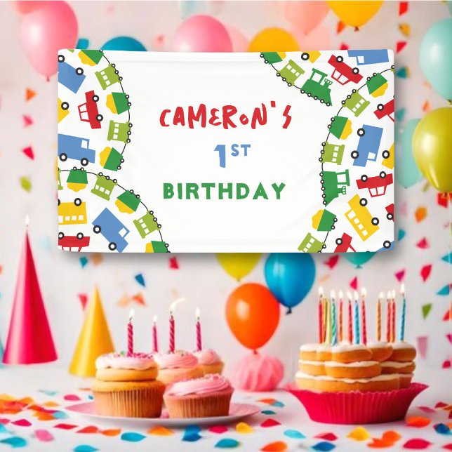 Boys Toys Colourful Transport Kid's Birthday Party Banner (Boys Toys Colorful Fun Transport Kid's 1st Birthday Party Banner @ www.zazzle.com/fatfatin_mini_me)