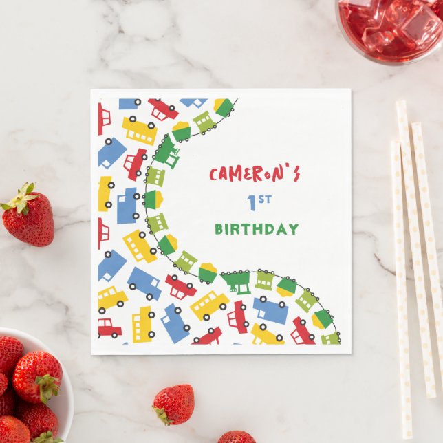 Boys Toys Fun Colourful Transport Birthday Party Napkin (Insitu)