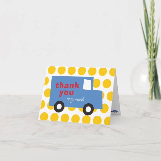 Boy's Toys Fun & Cute Blue Truck Yellow Polka Dots Thank You Card (Front)