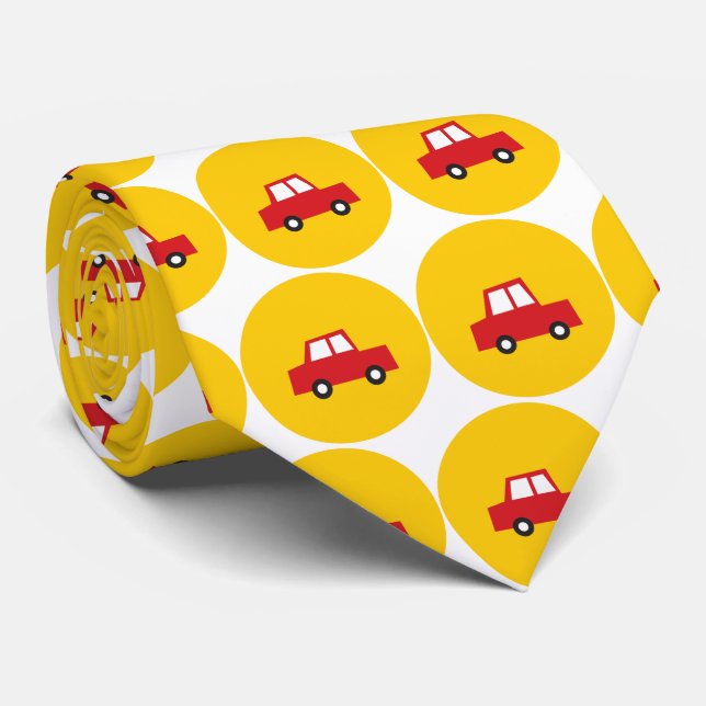 Boys Toys Fun Cute Retro Transport Red Car & Dots Tie (Rolled)
