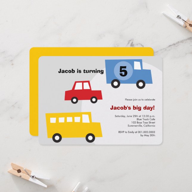 Boys Toys Fun Transport Kids 5th Birthday Party Invitation (Front/Back In Situ)