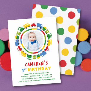 Boys Toys Fun Transport Photo 1st Birthday Party Invitation