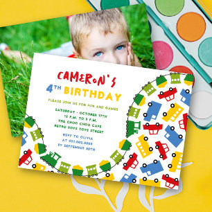 Boys Toys Fun Transport Photo 4th Birthday Party Invitation
