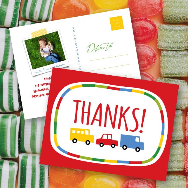 Boys Toys Kids Birthday Party Thank You Postcard (Boys Toys Colorful Fun Transport Kid's Birthday Party Thank You Postcard @ fatfatin_mini_me)