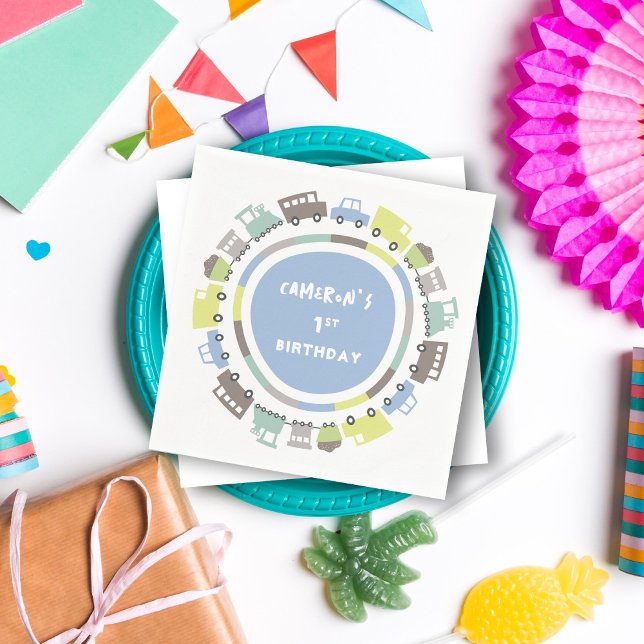 Boys Toys Pastel Blue Transport Kid Birthday Party Napkin (Boys Toys Pastel Blue Cute Transport Kid's Birthday Party Paper Napkins @ fatfatin_mini_me)