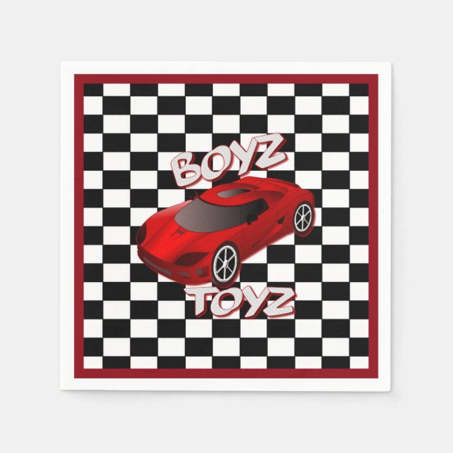 Boys Toys Red Sports Car Chequered Napkins (Front)