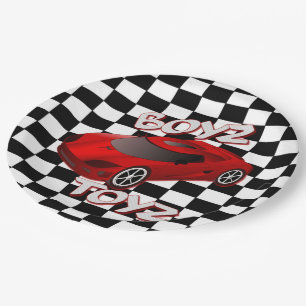 Boys Toys Red Sports Car Chequered Paper Plates