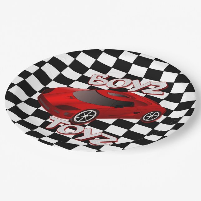 Boys Toys Red Sports Car Chequered Paper Plates (Angled)