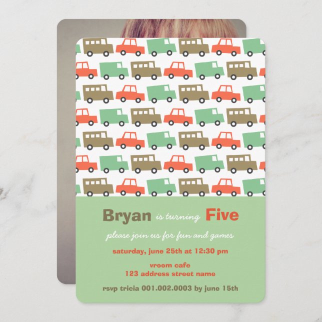 Boys Toys Retro Transport Photo 5th Birthday Party Invitation (Front/Back)
