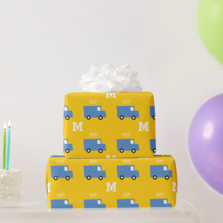 Boys Toys Transport Blue Truck Monogram Birthday Wrapping Paper
