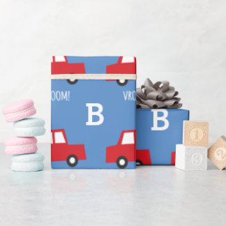 Boys Toys Transport Cute Red Car Monogram Birthday Wrapping Paper
